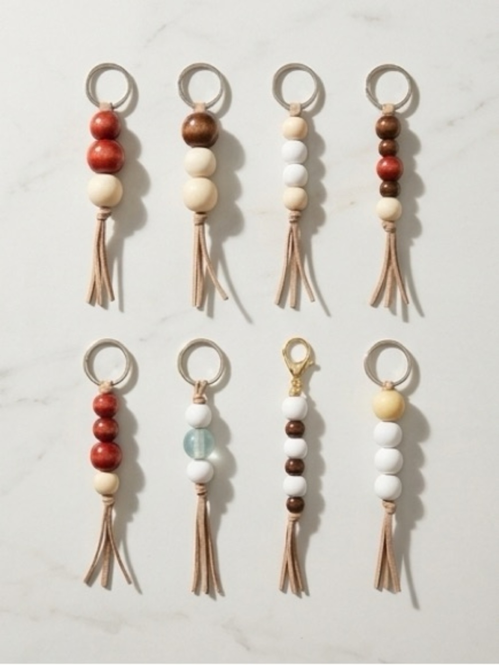 Handmade Minimalist Wood Bead Keychain with Suede Tassel | Individual Key Ring